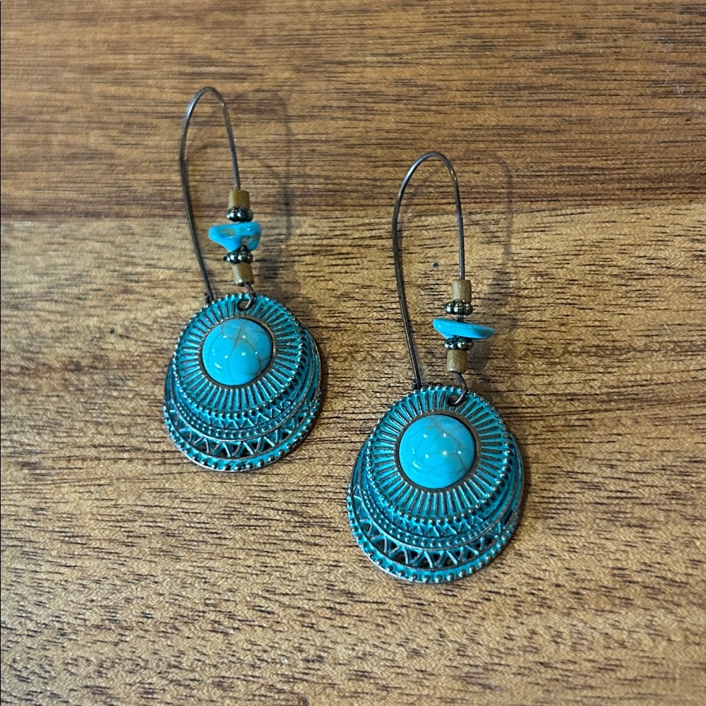 Turquoise Earring 2” Dangle BOHO Drop Hippie Chic Fun Festive Party Metal Patina